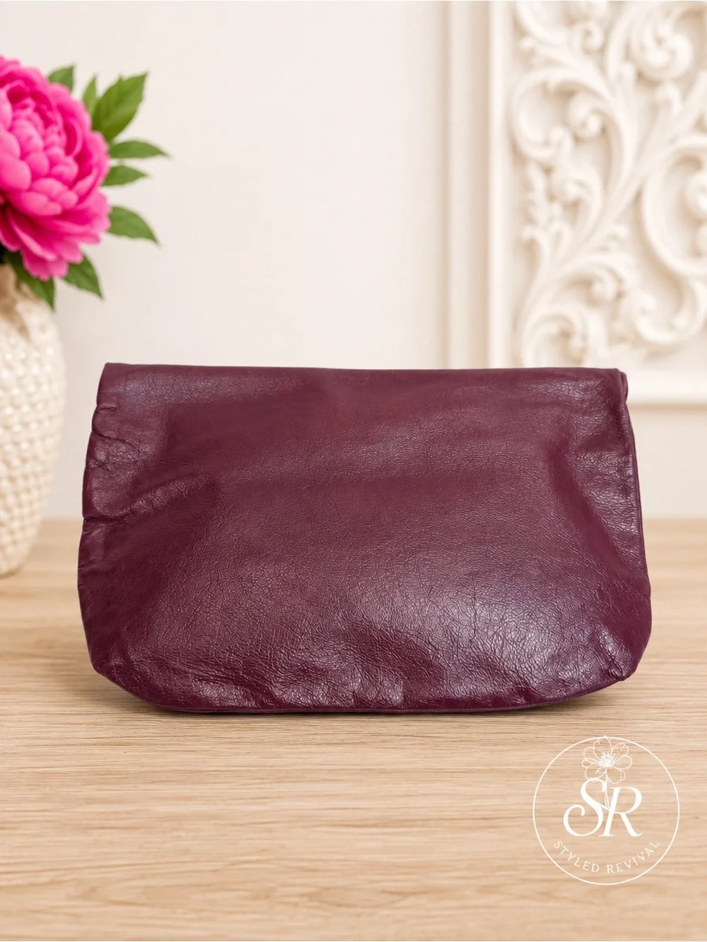 VTG Contessa Plum Leather Foldover Clutch Purse Soft Leather 1970s 1980s